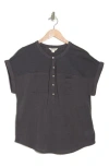 Lucky Brand Mixed Media Short Sleeve Cotton Henley Top In Asphalt