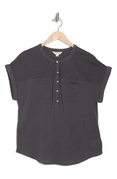 Lucky Brand Mixed Media Short Sleeve Cotton Henley Top In Asphalt