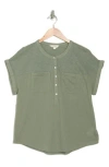 Lucky Brand Mixed Media Short Sleeve Cotton Henley Top In Sea Spray