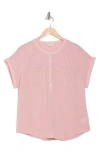 Lucky Brand Mixed Media Short Sleeve Cotton Henley Top In Silver Pink