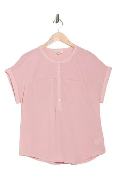 Lucky Brand Mixed Media Short Sleeve Cotton Henley Top In Silver Pink