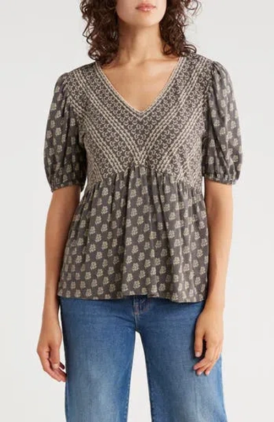 Lucky Brand Mixed Print Puff Sleeve Cotton Babydoll Top In Brown