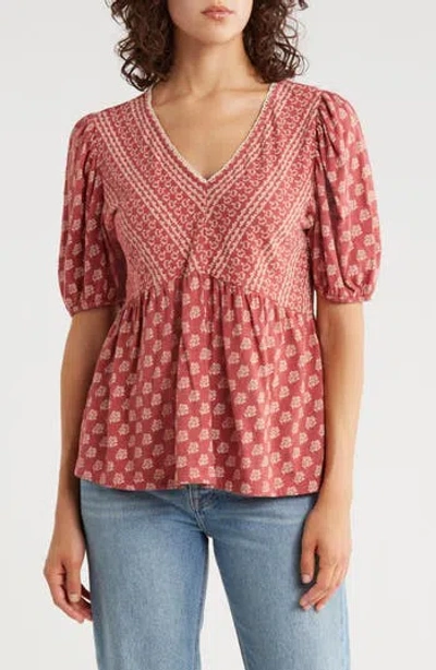 Lucky Brand Mixed Print Puff Sleeve Cotton Babydoll Top In Red