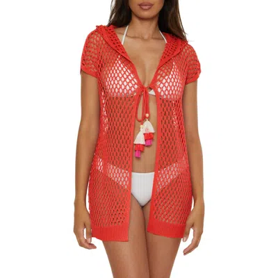 Lucky Brand Morro Hooded Fishnet Cover-up Tunic In Red