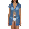 Lucky Brand Morro Hooded Fishnet Cover-up Tunic In Blue