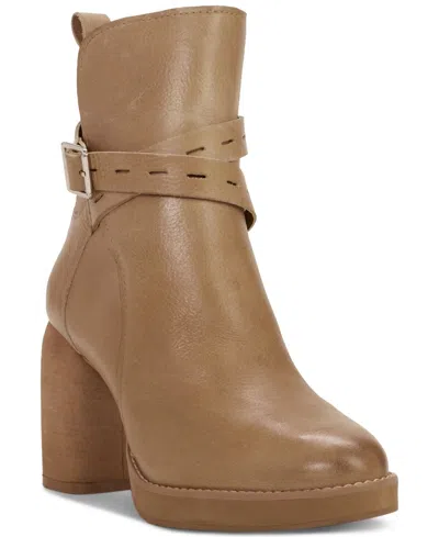 Lucky Brand Natesa Boots Women's Beige Leather Block Heel Bootie Jobb275 In Brown