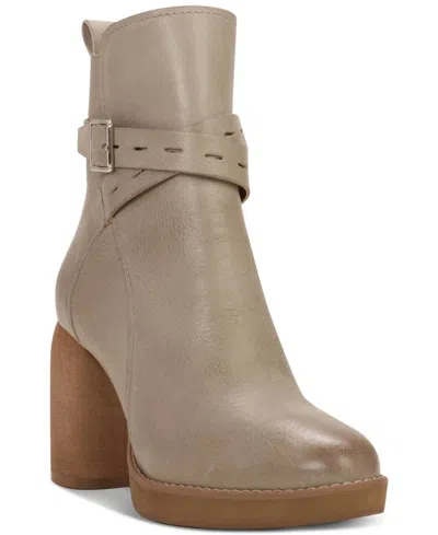 Lucky Brand Natesa Boots Women Seneca Rock Leather Block Heel Bootie Jzz1113 In Gray