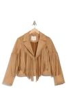 Lucky Brand Notch Collar Fringe Crop Jacket In Camel