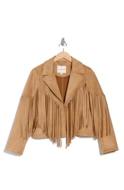 Lucky Brand Notch Collar Fringe Crop Jacket In Camel