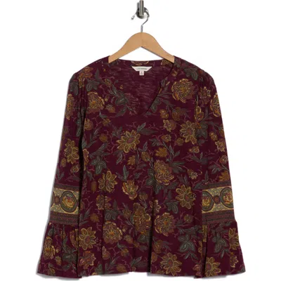 Lucky Brand Notch Neck Bell Sleeve Top In Burgundy