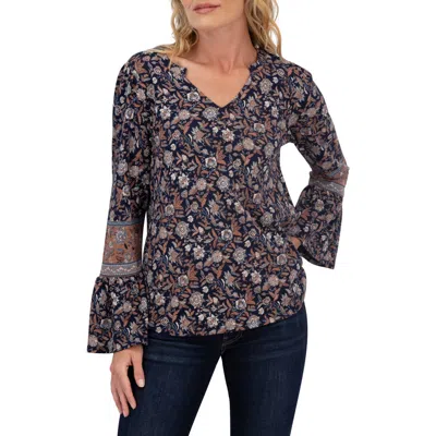 Lucky Brand Notch Neck Bell Sleeve Top In Navy Multi