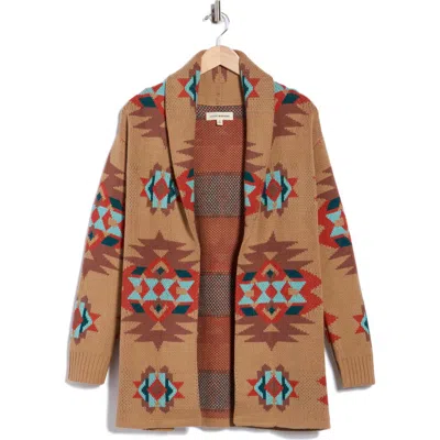 Lucky Brand Novelty Pattern Shawl Collar Open Front Cardigan In Brown