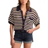 Lucky Brand Open Stitch Short Sleeve Crop Cardigan In Cadet Navy Multi Stripe