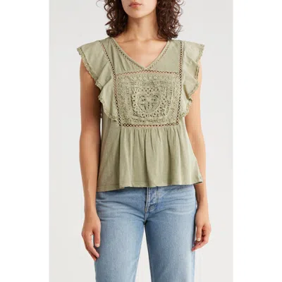 Lucky Brand Open Stitch Trim Cotton Top In Green