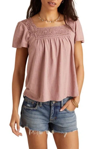 Lucky Brand Open Stitch Trim Cotton Top In Pink