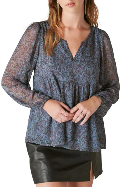Lucky Brand Paisley Split Neck Peasant Top In Blue