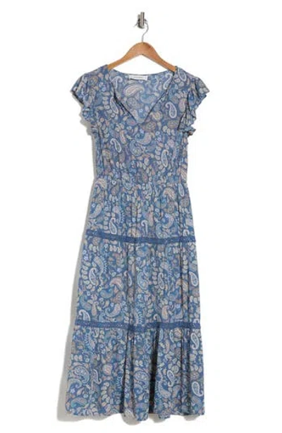 Lucky Brand Paisley Tiered Midi Dress In Indigo Floral
