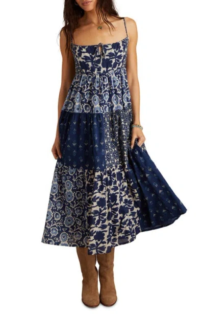 Lucky Brand Patchwork Mix Cotton Midi Sundress In Blue