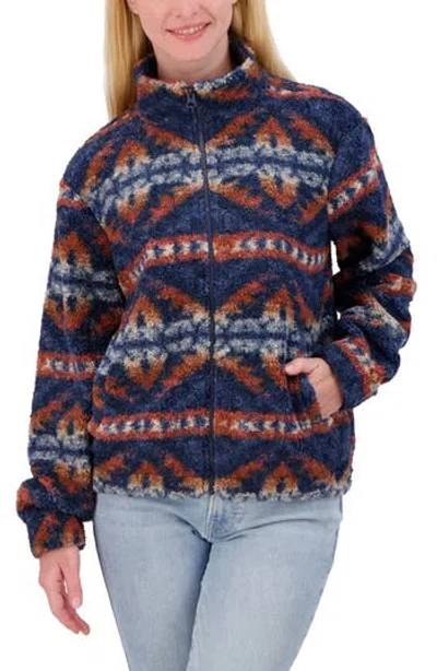Lucky Brand Patterned High Pile Fleece Jacket In Blue Combo