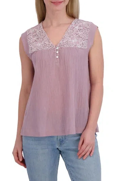 Lucky Brand Patterned Yoke Cotton Henley In Elderberry