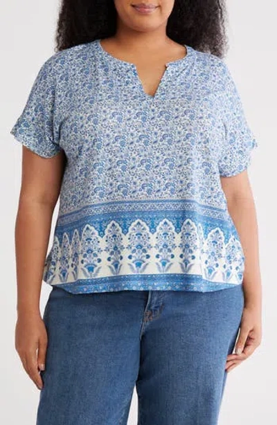 Lucky Brand Persian Carpet Print Short Sleeve Top In Blue