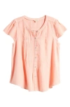 Lucky Brand Pintuck Cotton Peasant Blouse In Coral Almond
