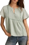 Lucky Brand Pintuck Lace Trim Cotton Peasant Top In Green
