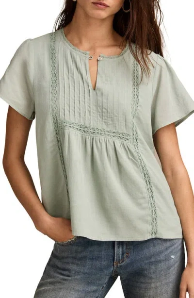 Lucky Brand Pintuck Lace Trim Cotton Peasant Top In Green