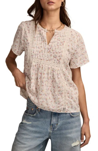 Lucky Brand Pintuck Lace Trim Cotton Peasant Top In Neutral