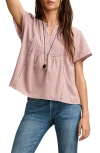 Lucky Brand Pintuck Lace Trim Cotton Peasant Top In Pink