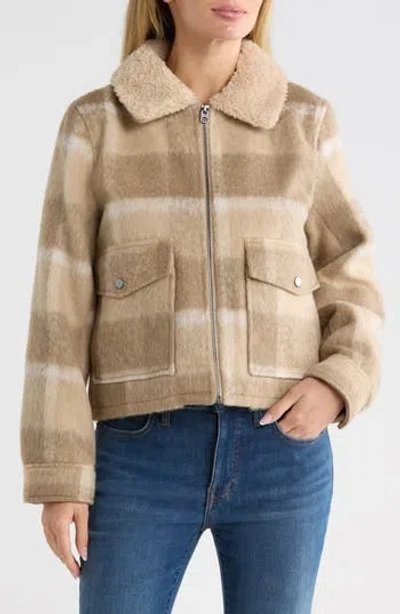 Lucky Brand Plaid Faux Fur Crop Jacket In Brown