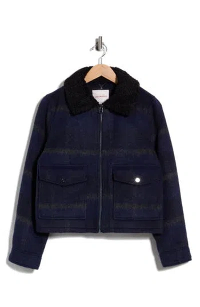 Lucky Brand Plaid Faux Fur Crop Jacket In Blue