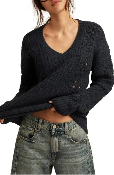 Lucky Brand Pointelle V-neck Sweater In Ocean Deep