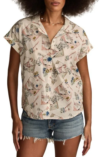 Lucky Brand Postcard Print Short Sleeve Cotton Button-up Shirt In Brown