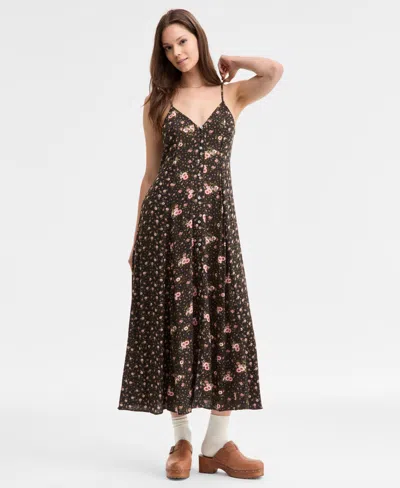 Lucky Brand Print Mix Button Through Midi Dress In Brown