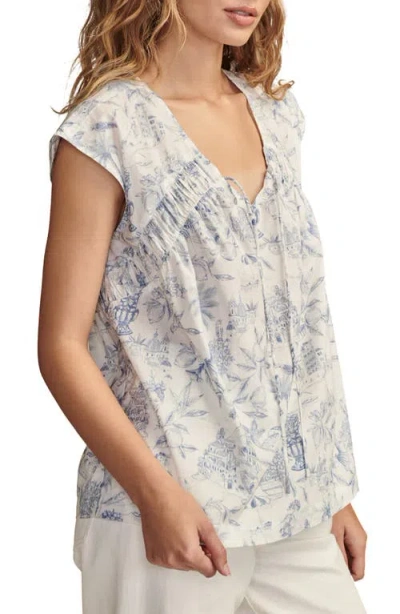 Lucky Brand Print Ruched Top In Blue Toile