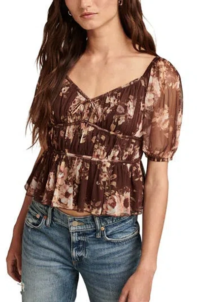 Lucky Brand Print Smocked Mesh Top In Brown Floral