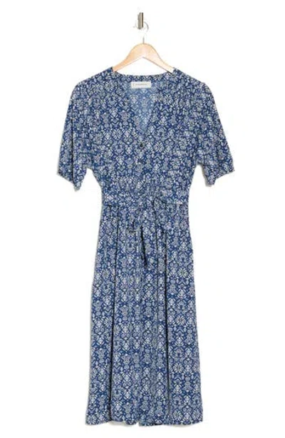 Lucky Brand Printed Belted Midi Dress In Navy Biadere