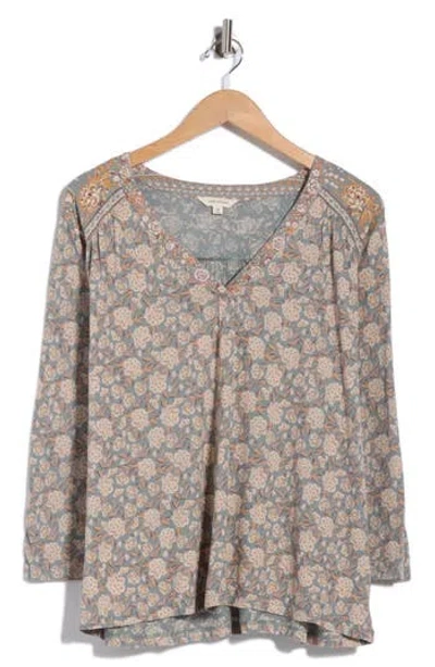 Lucky Brand Printed Long Sleeve Tunic Top In Neutral