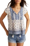 Lucky Brand Printed Split Neck Cotton Top In Multi