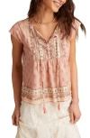 Lucky Brand Printed Split Neck Cotton Top In Pink