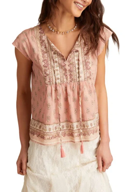 Lucky Brand Printed Split Neck Cotton Top In Pink
