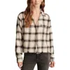 Lucky Brand Women's Cotton Raw Edge Plaid Cropped Button Down Top In Cream Black Plaid