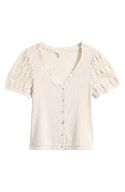 Lucky Brand Rib Knit Short Sleeve Button-up Shirt In White