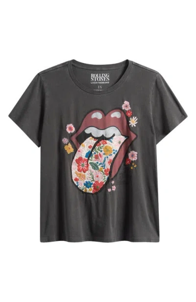 Lucky Brand Rolling Stones Floral Embroidered Hot Lips Graphic T-shirt In Jet Black