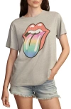 Lucky Brand Women's Rolling Stones Rainbow Tongue Boyfriend Tee In Light Heather Gray