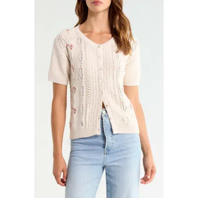 Lucky Brand Rosette Short Sleeve Cardigan In Neutral