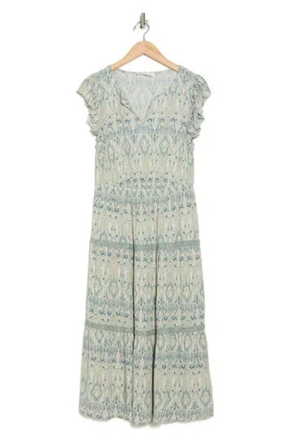 Lucky Brand Ruffle Cap Sleeve Tiered Midi Dress In Sage Tile