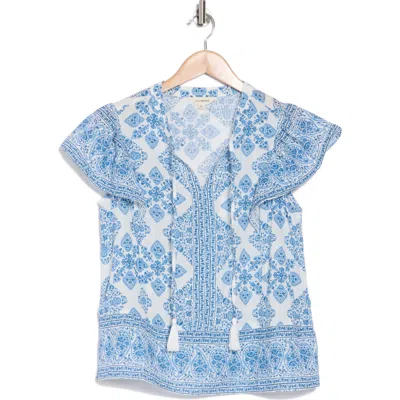 Lucky Brand Ruffle Sleeve Cotton Top In Blue
