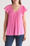 Lucky Brand Ruffle Sleeve Crinkle Gauze Top In Think Pink